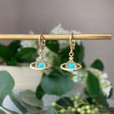 Planet and Star Huggie Hoop Earrings - Gold Saturn Planet Huggie Hoops